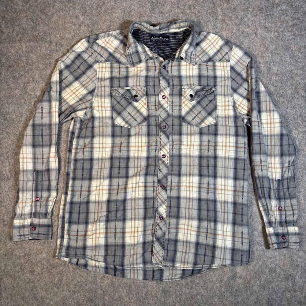 North River Outfitters Western Shirt Mens Large Grey Plaid Pearl Snap Arrow L